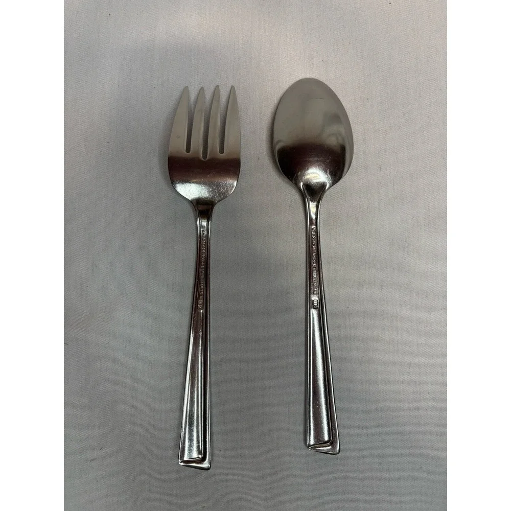 WM Rogers Glossy Stainless Steel Silver Serving Fork & Serving Spoon Set 2pcs